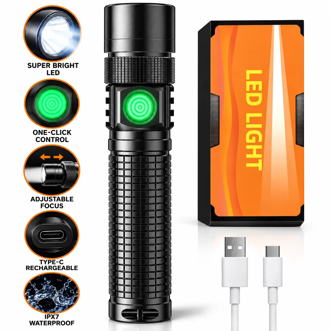 Rechargeable LED Flashlight - 10,000 Lumens with Three Modes (3-Pack)